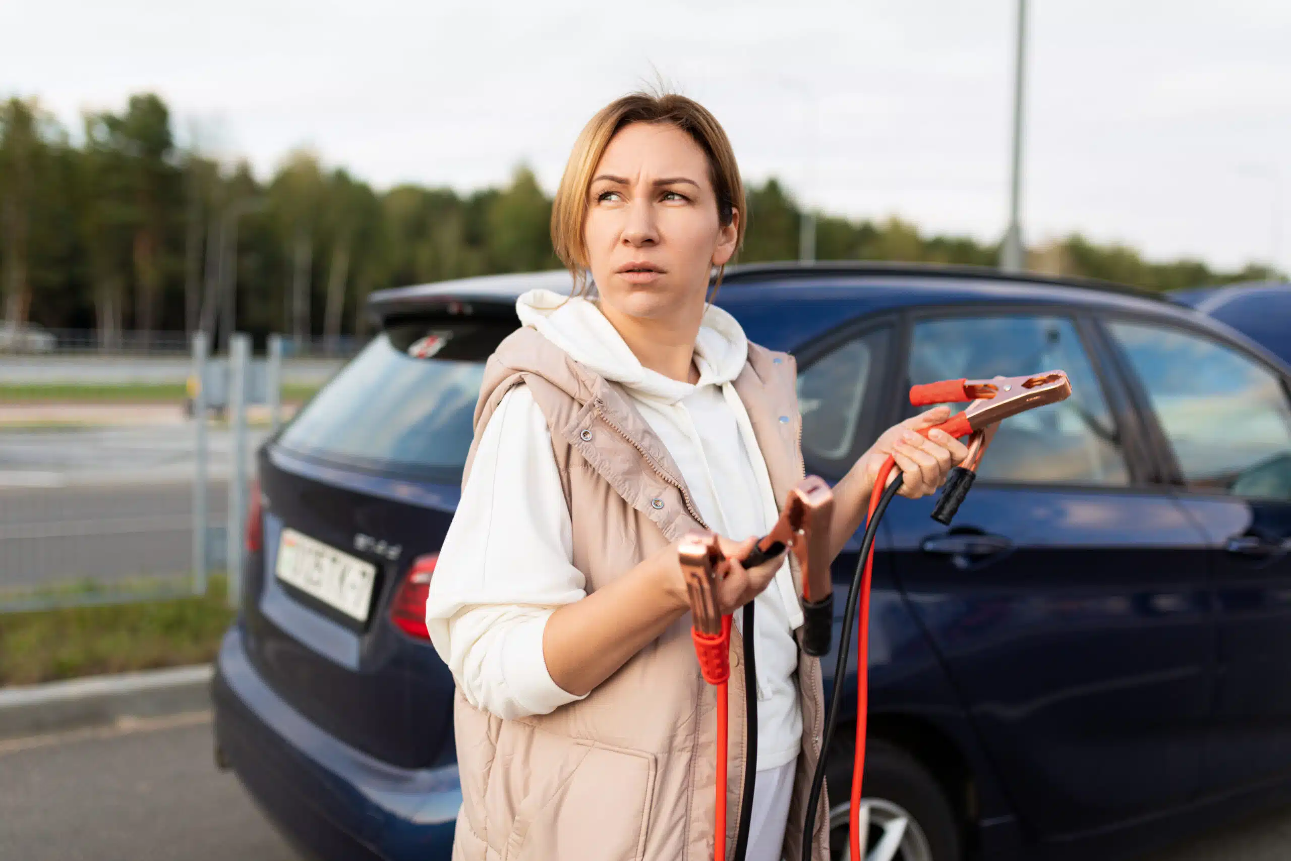 adult woman stands car installer with wires to charge battery